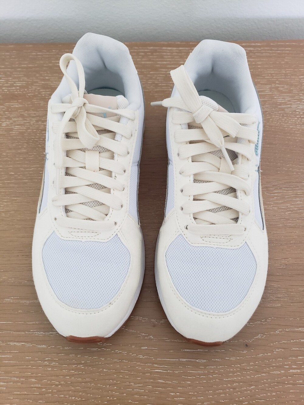 Women's Puma Cream White Sneakers with Tan Formstrip and Aqua Heel - Picture 5 of 9